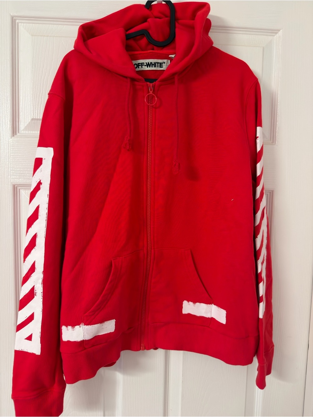 Off-White Red Zip-Up Hoodie with Ring Pull